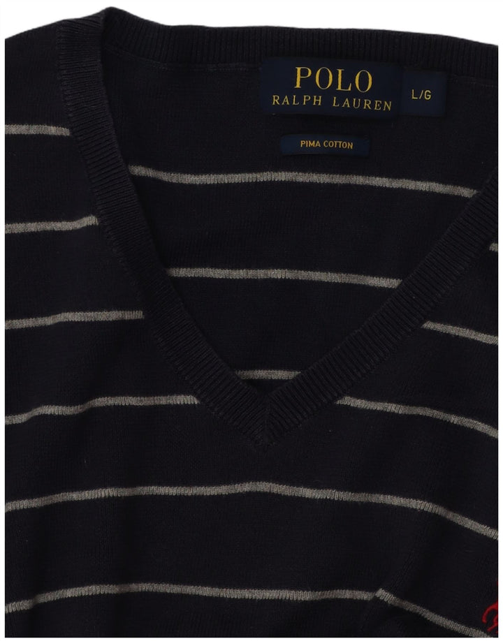 POLO RALPH LAUREN Mens V-Neck Jumper Sweater Large Navy Blue Striped