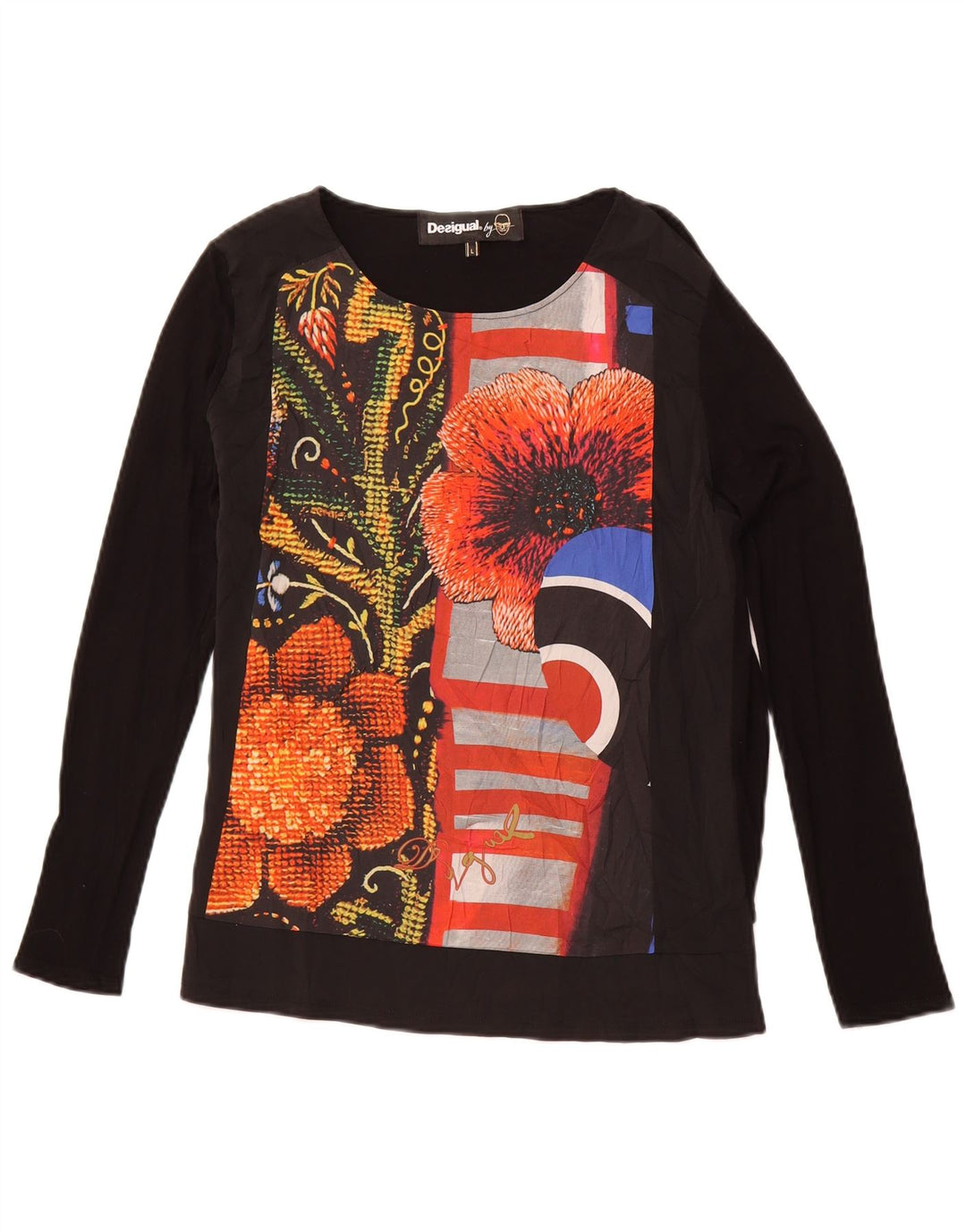 DESIGUAL Womens Graphic Top Long Sleeve UK 14 Large Black Floral Viscose