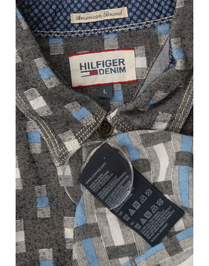 TOMMY HILFIGER Mens Shirt Large Grey Geometric Cotton