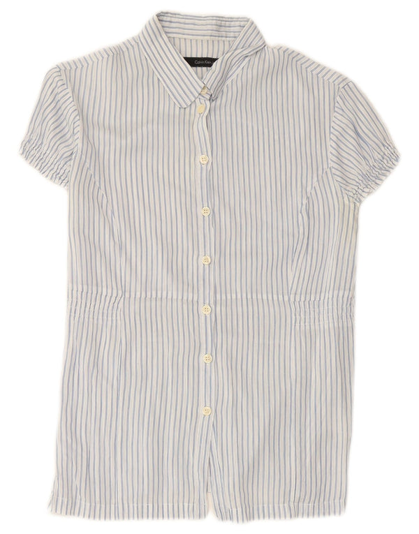 CALVIN KLEIN JEANS Womens Short Sleeve Shirt UK 12 Medium Blue Pinstripe