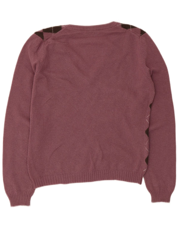 Sisley Womens V-Neck Jumper Sweater UK 10 Small Purple Argyle/Diamond Wool
