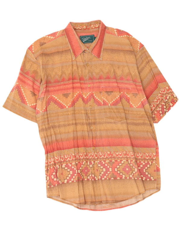 Vintage Mens Short Sleeve Shirt XL Beige Geometric