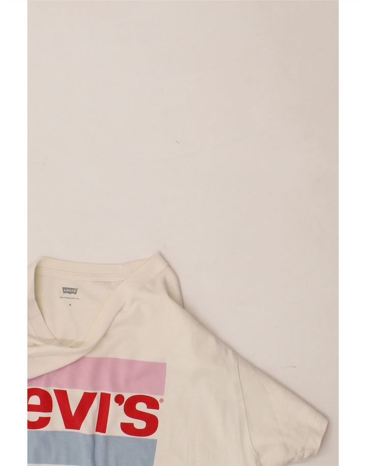 LEVI'S Womens Oversized Crop Graphic T-Shirt Top UK 14 Medium Off White Vintage Levi's and Second-Hand Levi's from Messina Hembry 