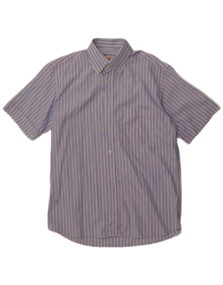 Carrel Mens Short Sleeve Shirt Size 40 15 1/2 Medium Blue Striped Cotton