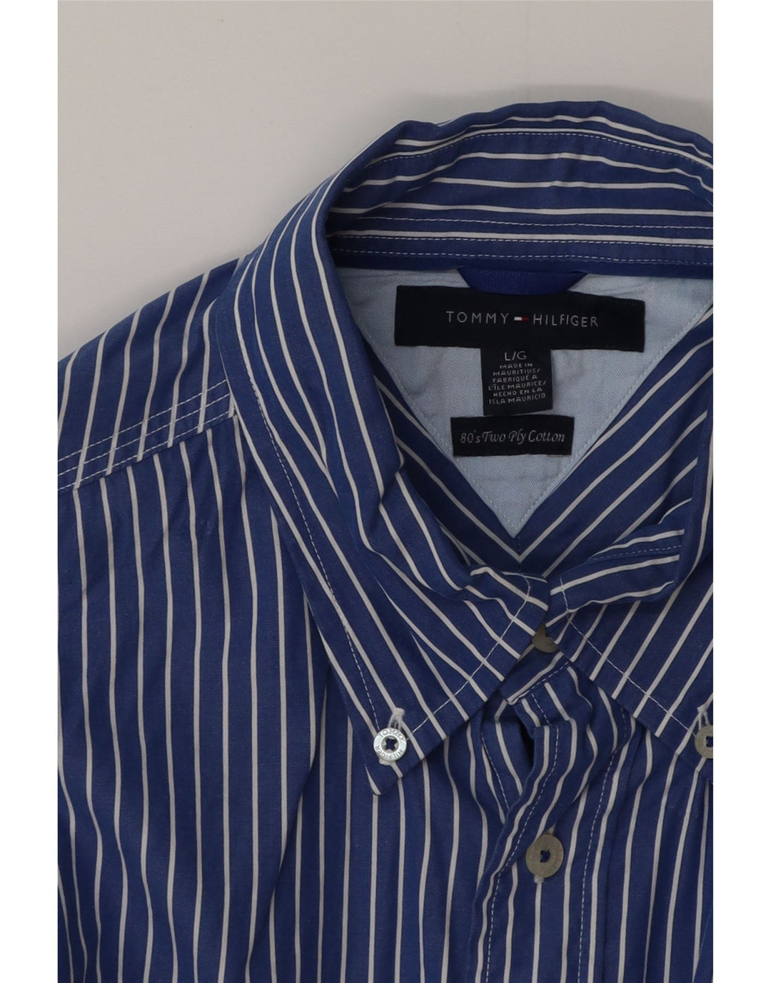 TOMMY HILFIGER Mens Shirt Large Blue Pinstripe Cotton 80s