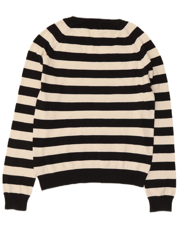 Zara Womens Crop V-Neck Jumper Sweater UK 14 Large Black Striped Cotton