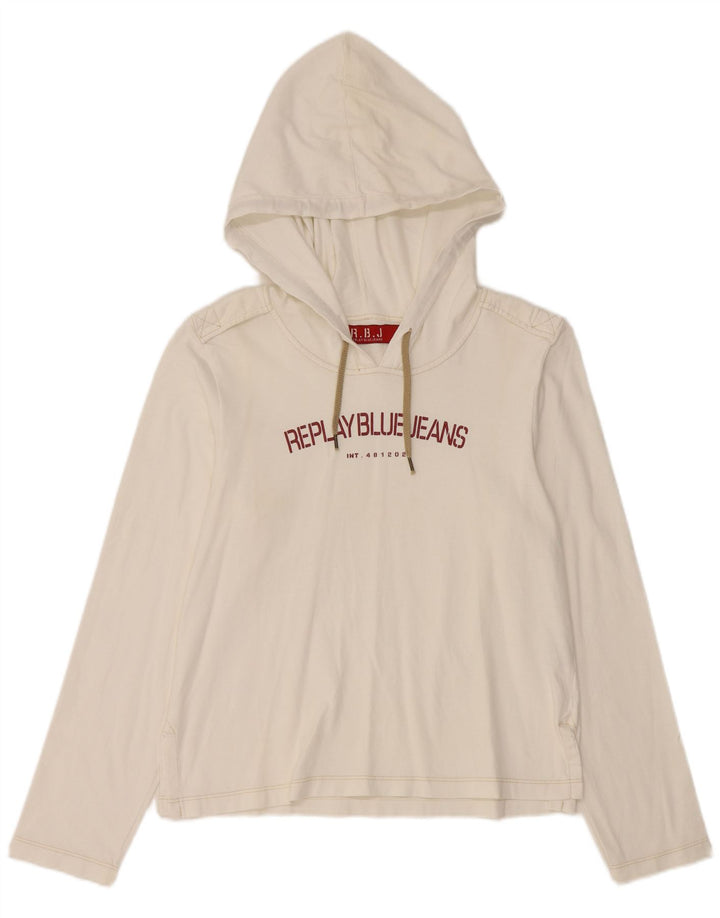 REPLAY Womens Hooded Graphic Top Long Sleeve UK 14 Large White Cotton