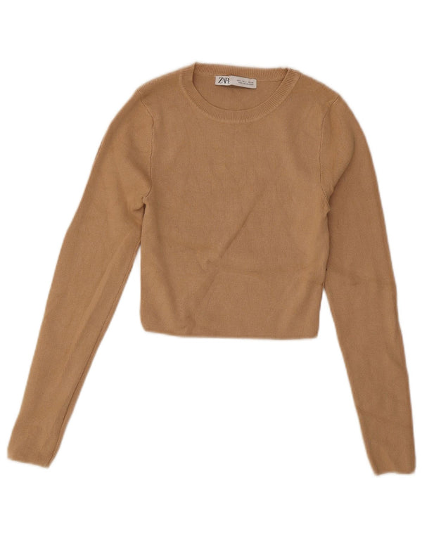 Zara Womens Crop Boat Neck Jumper Sweater UK 8 Small Beige Viscose