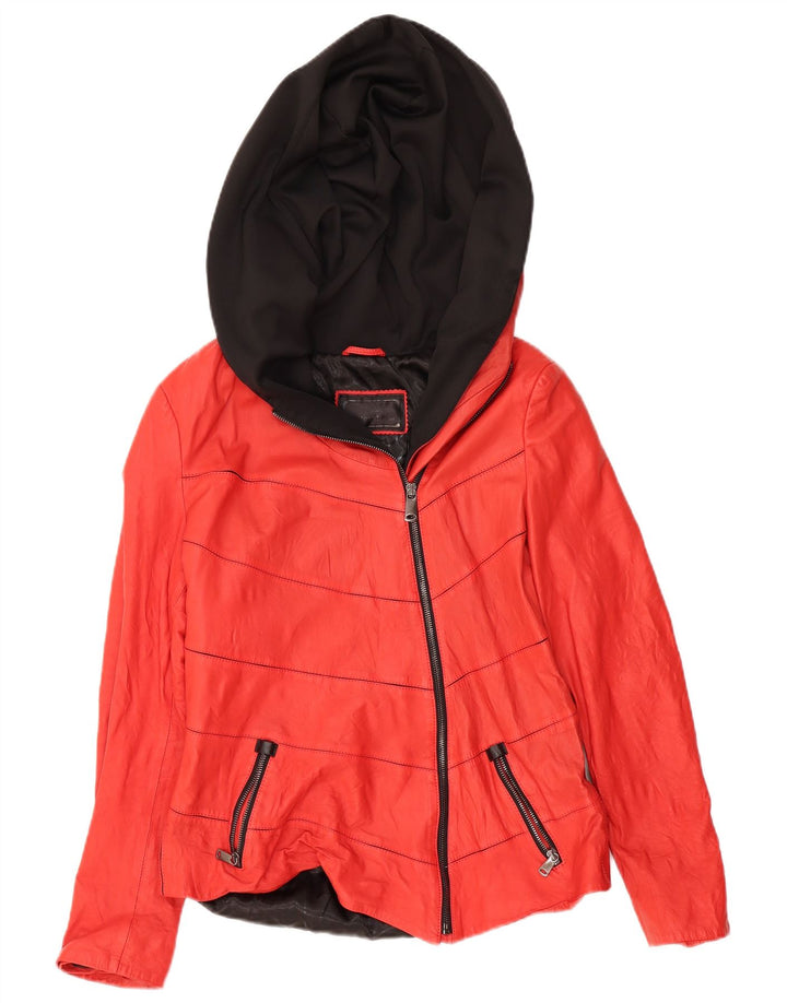 IBIZA Womens Hooded Leather Jacket UK 20 2XL Red Colourblock Leather