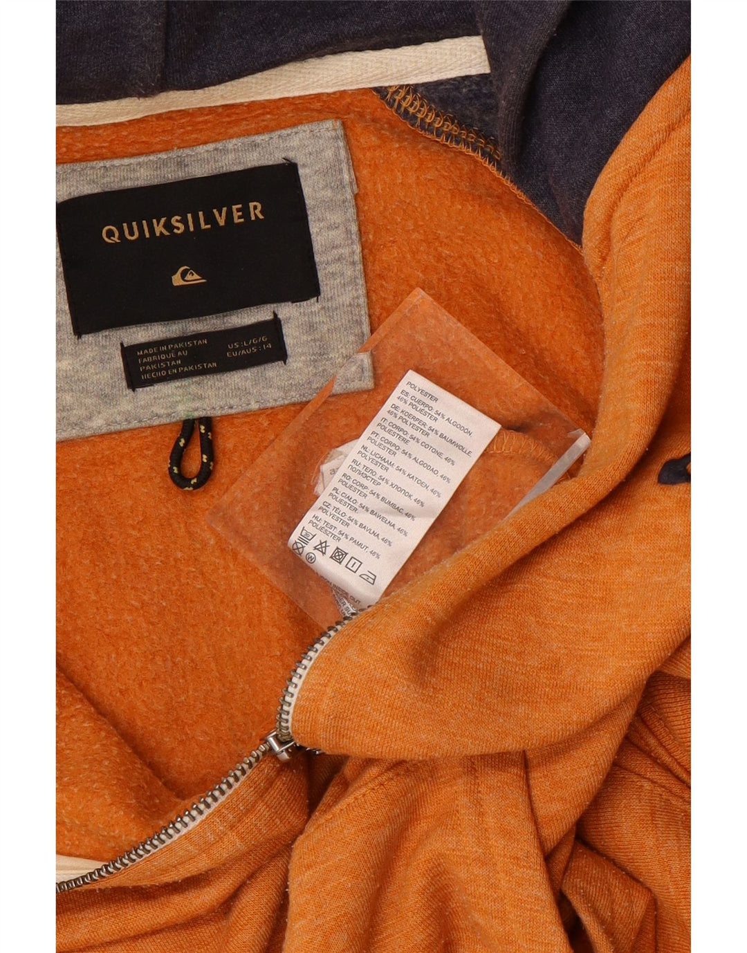 QUIKSILVER Womens Zip Hoodie Sweater UK 14 Large Orange Colourblock Cotton
