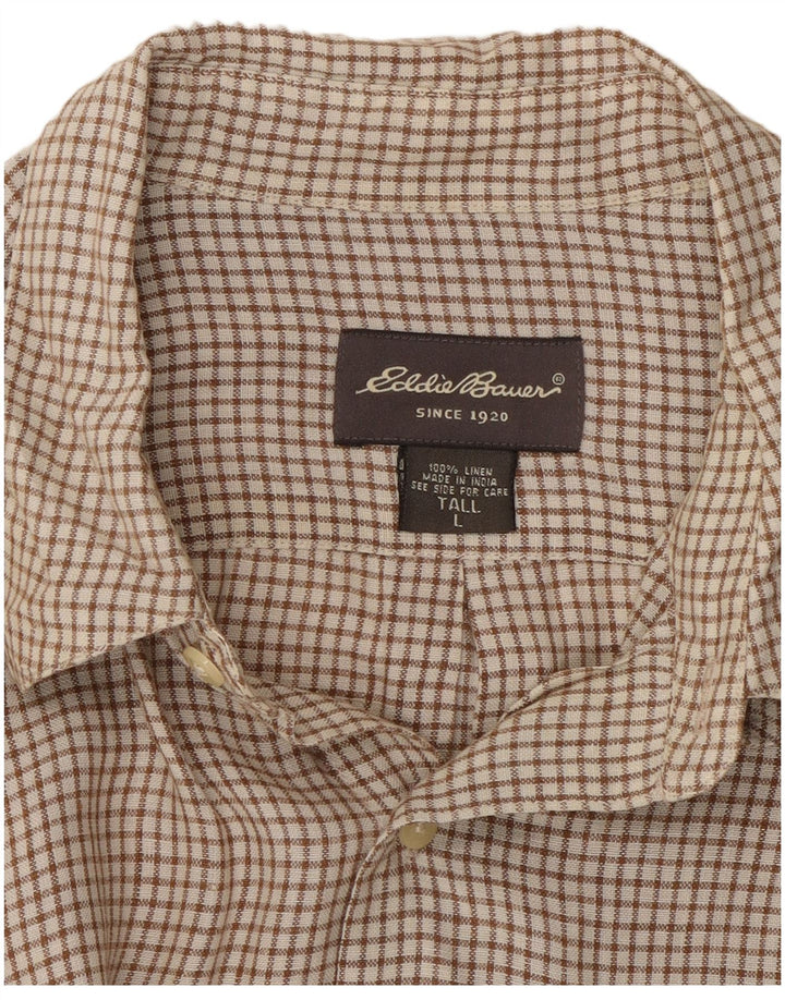 EDDIE BAUER Mens Tall Short Sleeve Shirt Large Brown Check Linen