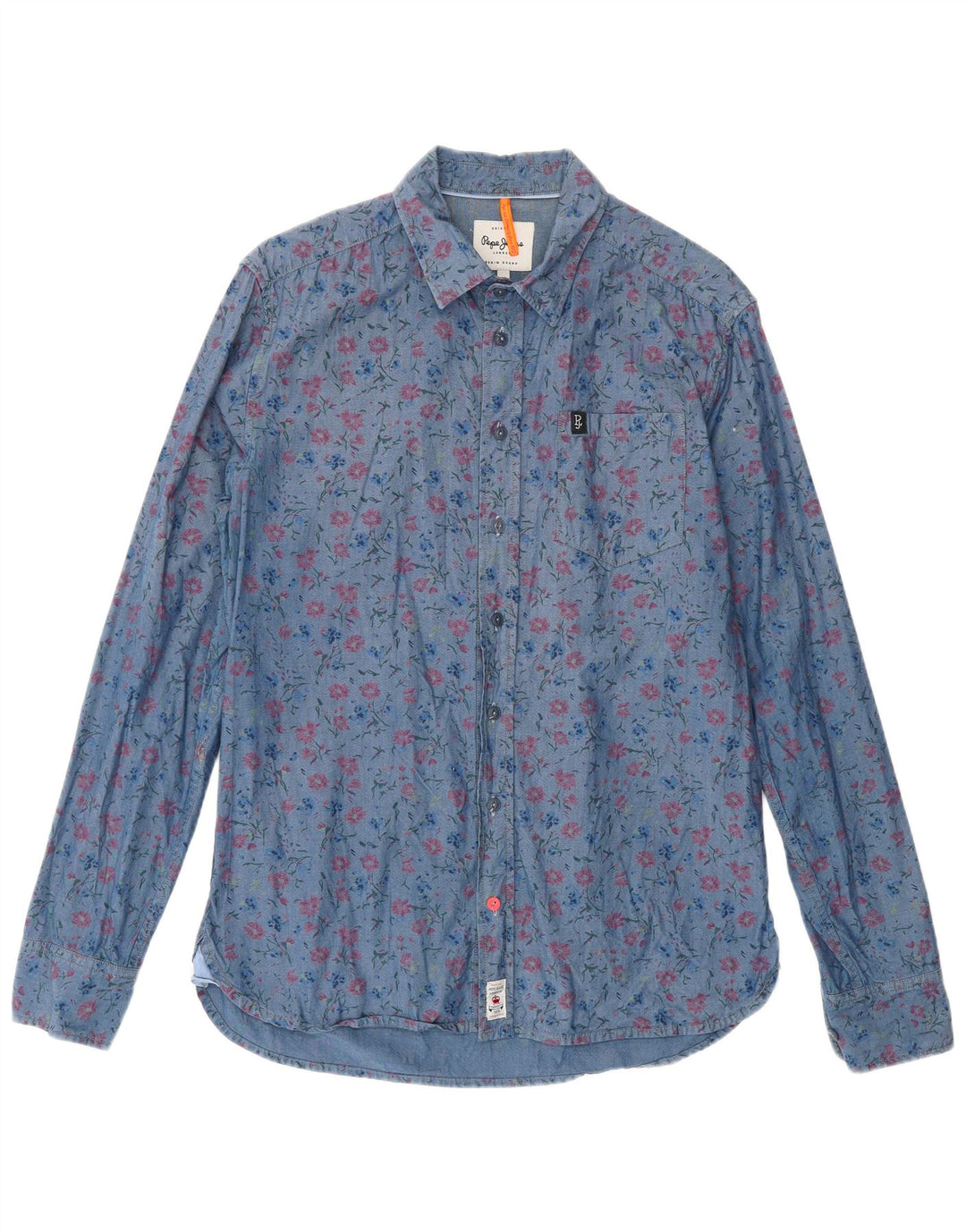 PEPE JEANS Mens Slim Shirt Medium Blue Floral Cotton