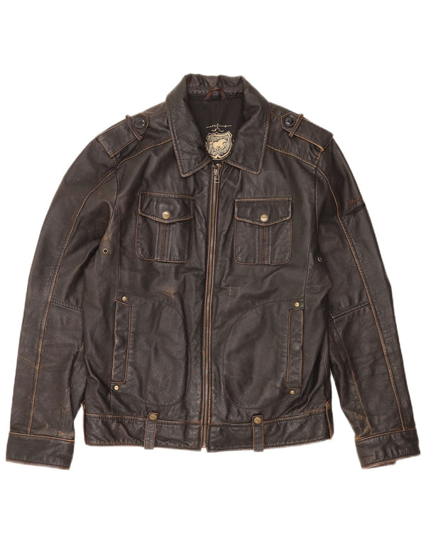 Mustang Mens Military Leather Jacket UK 36 Small Brown Leather
