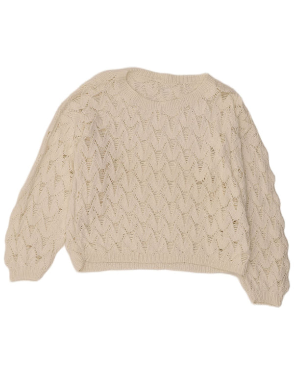 Vintage Womens Crop Crochet Boat Neck Jumper Sweater UK 14 Large White