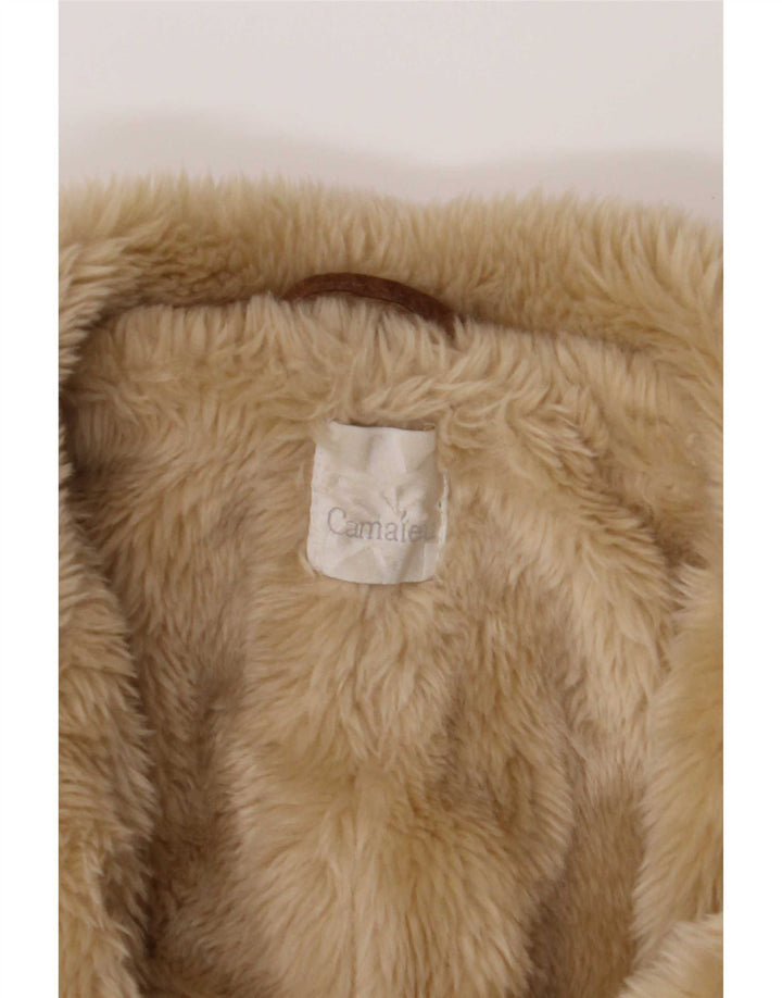 Camaieu Womens Double Breasted Shearling Coat UK 14 Large Beige Leather