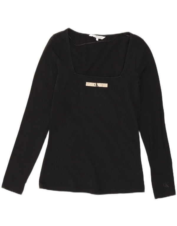 Calvin Klein Womens Graphic Top Long Sleeve UK 14 Medium Black Cotton