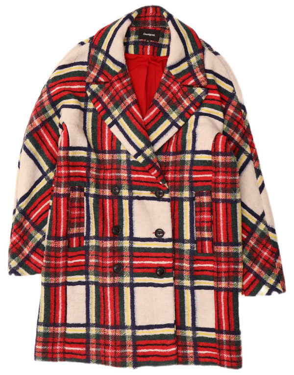 Desigual Womens Double Breasted Coat EU 38 Medium Red Check Polyester