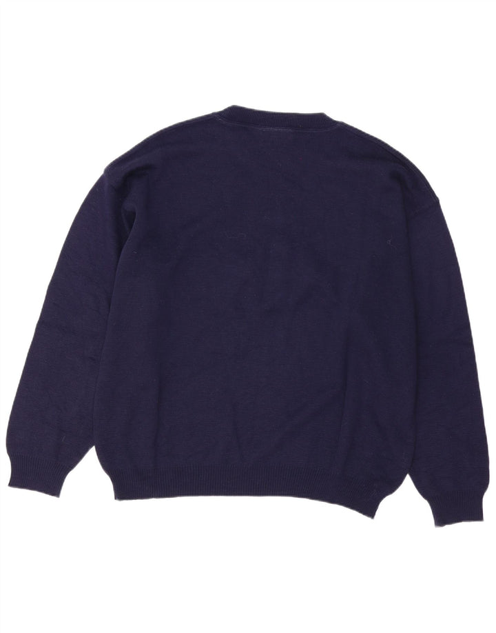 COMPASS CARD Mens Graphic Crew Neck Jumper Sweater Large Navy Blue Wool