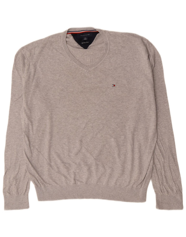 Tommy Hilfiger Mens V-Neck Jumper Sweater XL Grey Flecked Cotton