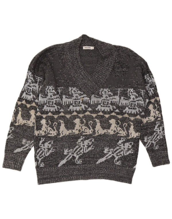 Marco Pecci Mens V-Neck Jumper Sweater UK 40 Medium Grey Fair Isle