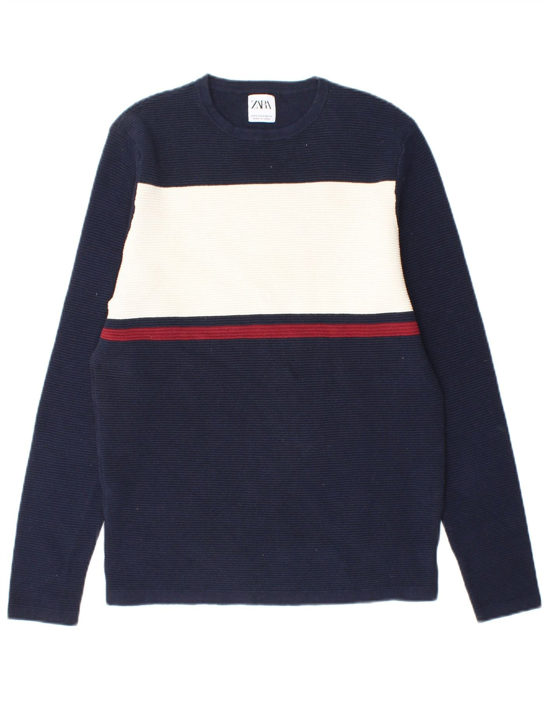 ZARA Mens Crew Neck Jumper Sweater Medium Navy Blue Colourblock Cotton