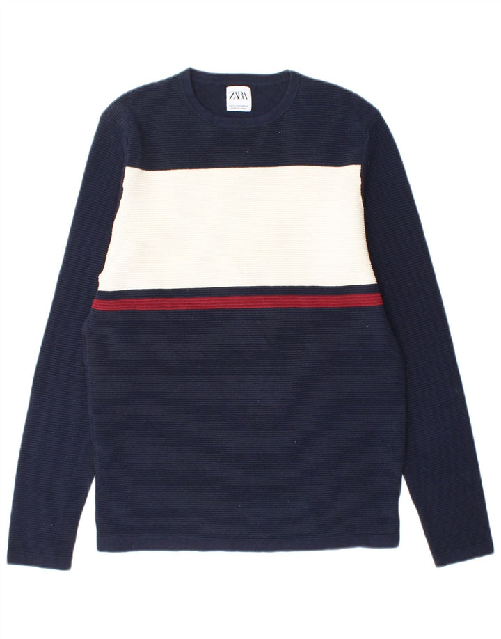 ZARA Mens Crew Neck Jumper Sweater Medium Navy Blue Colourblock Cotton