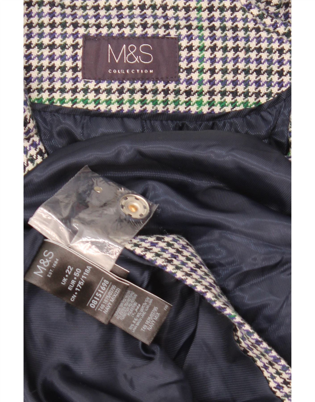 Marks & Spencer Womens Overcoat UK 22 3XL Navy Blue Houndstooth Polyester