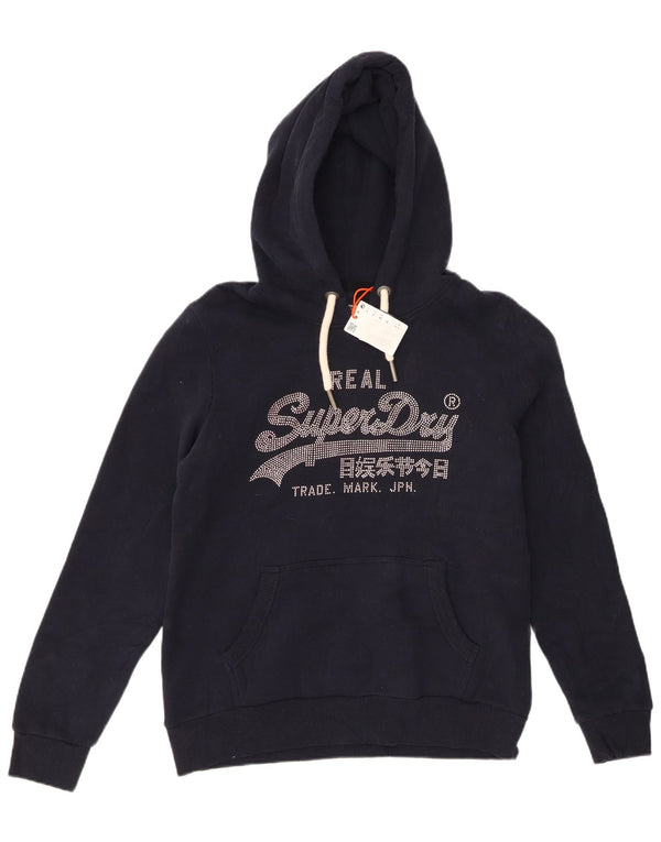 SUPERDRY Womens Graphic Hoodie Jumper UK 12 Medium Navy Blue Cotton