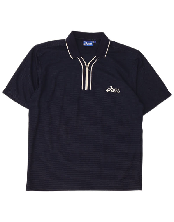 ASICS Mens Polo Shirt Large Navy Blue Pinstripe Cotton