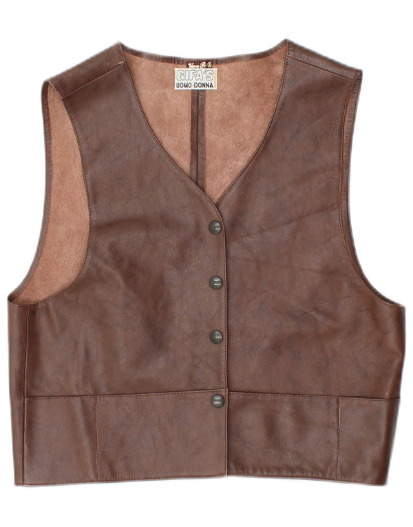 VINTAGE Womens Leather Waistcoat IT 48 XL Brown Leather
