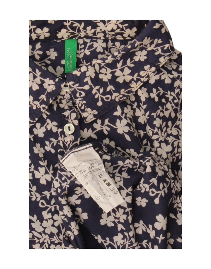 BENETTON Womens Oversized Shirt UK 10 Small Navy Blue Floral Cotton