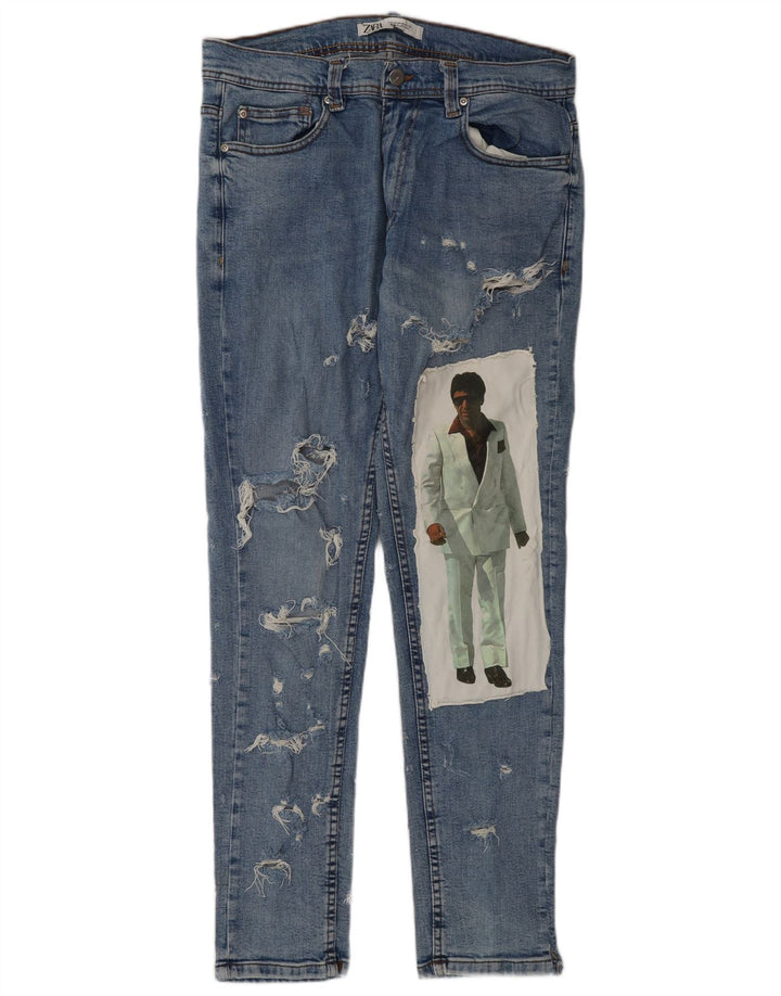 ZARA Mens Graphic Distressed Slim Jeans EU 42 Large W32 L32 Blue