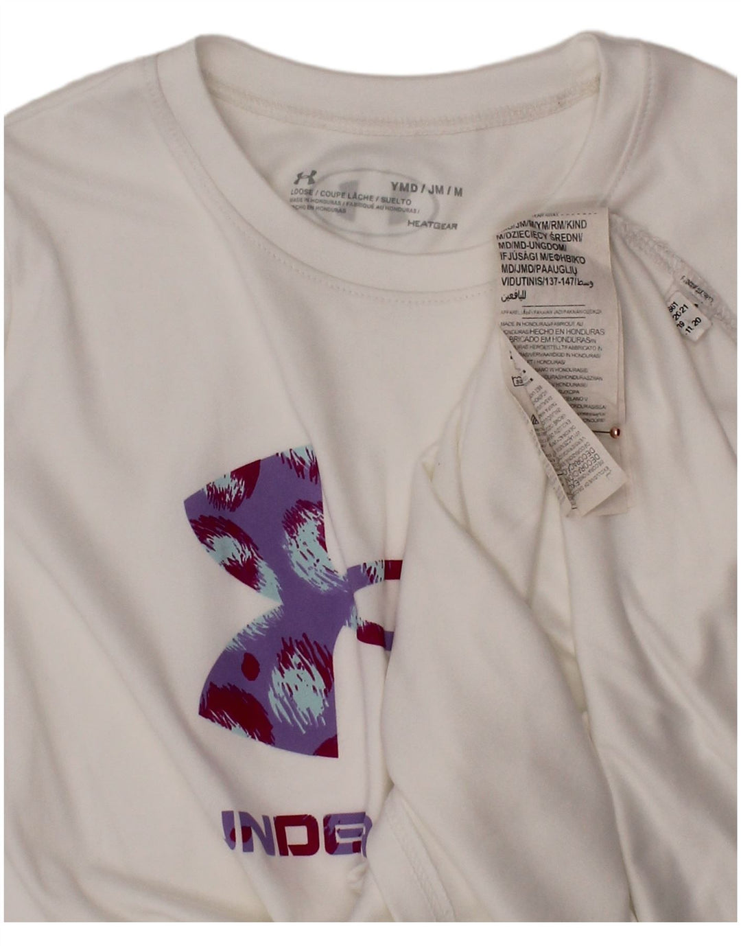 UNDER ARMOUR Girls Heat Gear Graphic T-Shirt Top 9-10 Years Medium White