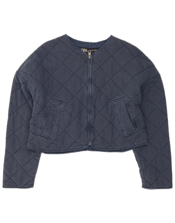 Zara Womens Crop Oversized Quilted Jacket UK 14 Medium Navy Blue Polyester