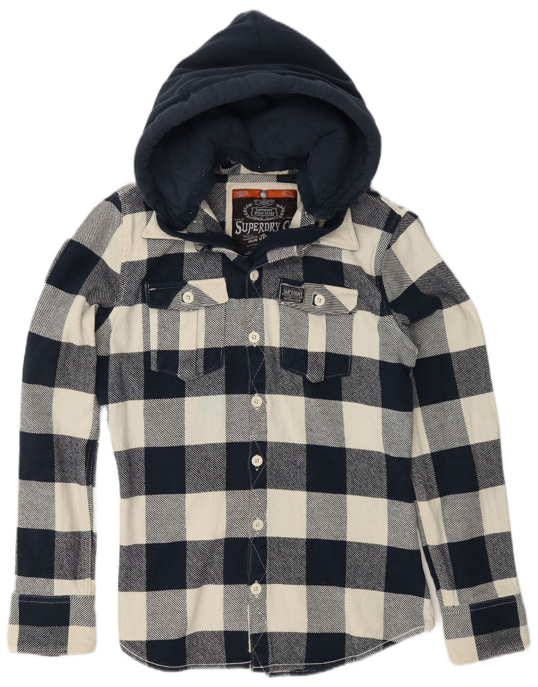 SUPERDRY Boys Hooded Flannel Shirt 15-16 Years Large  Navy Blue Chevron