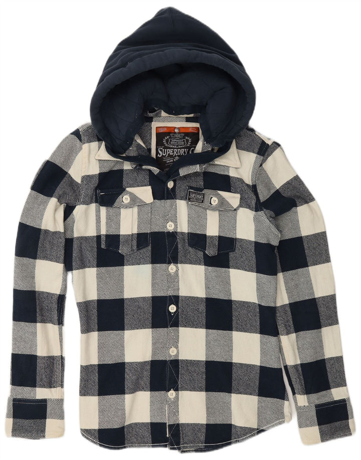 SUPERDRY Boys Hooded Flannel Shirt 15-16 Years Large  Navy Blue Chevron