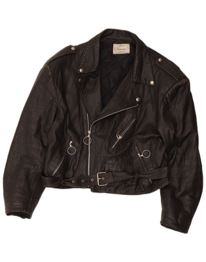 Colombus Womens Crop Leather Biker Jacket UK 14 Medium Black