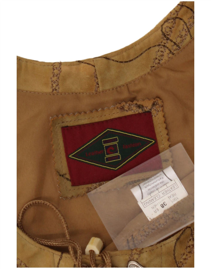 VINTAGE Womens Suede Waistcoat EU 38 Medium Brown Floral Leather