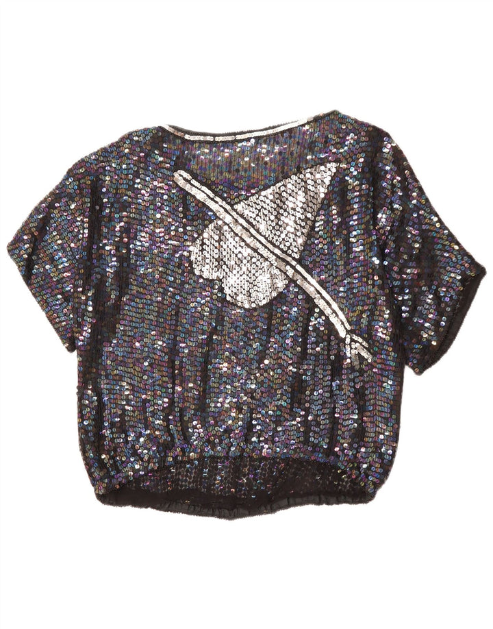 VINTAGE Womens Graphic Blouse Top UK 14 Large Black Flecked Heart