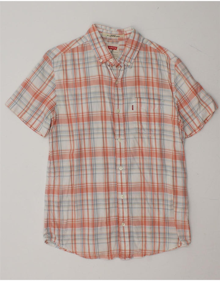 LEVI'S Mens Modern Fit Short Sleeve Shirt Medium Orange Check Cotton Vintage Levi's and Second-Hand Levi's from Messina Hembry 