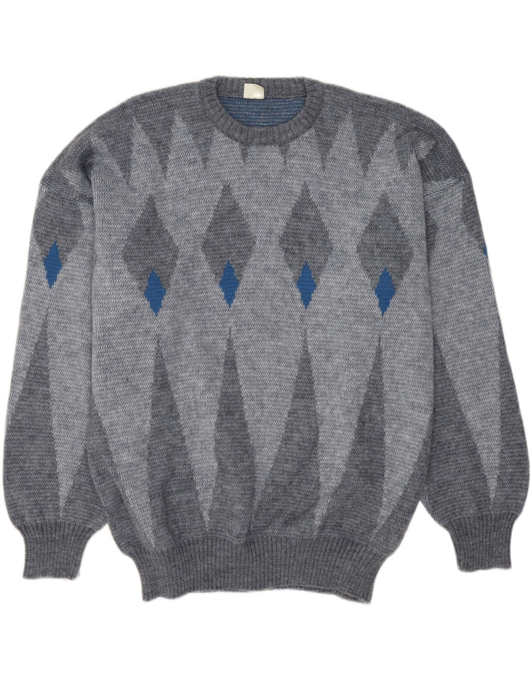 VOGUE Mens Crew Neck Jumper Sweater Large Grey Argyle/Diamond Wool