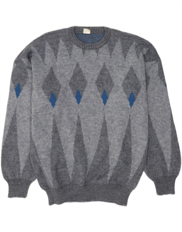 VOGUE Mens Crew Neck Jumper Sweater Large Grey Argyle/Diamond Wool