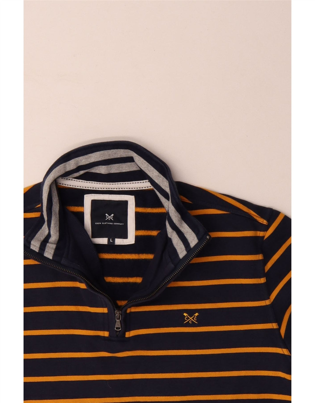 CREW CLOTHING Mens Zip Neck Sweatshirt Jumper Large Navy Blue Striped