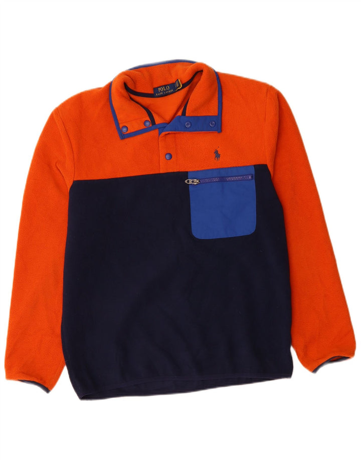 POLO RALPH LAUREN Mens Button Neck Fleece Jumper Small Orange Colourblock