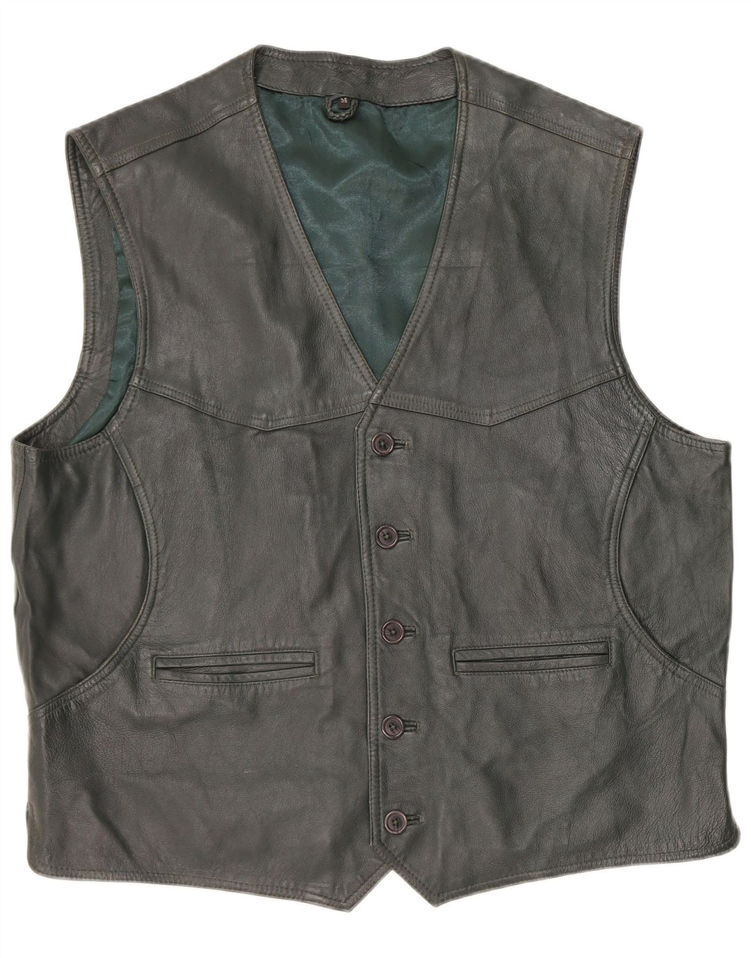 VINTAGE Mens Leather Waistcoat IT 56 2XL Khaki Leather