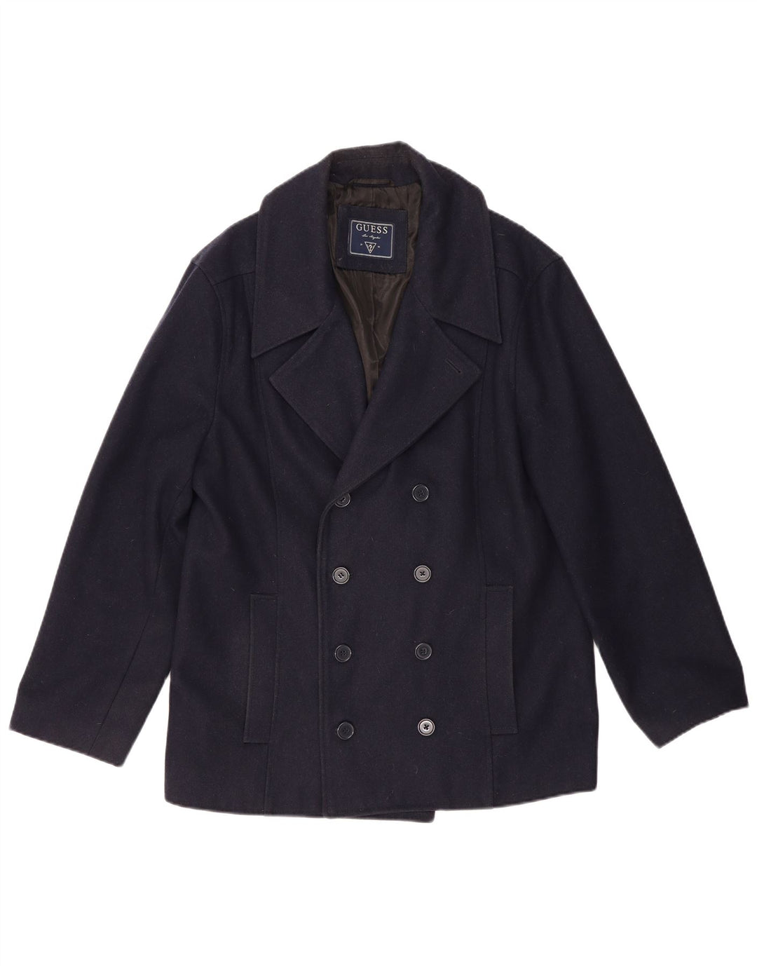 Guess Mens Pea Coat UK 44 2XL Navy Blue Wool