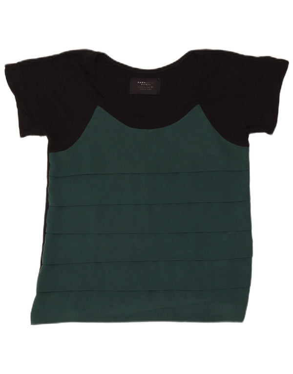 ZARA Womens T-Shirt Top UK 14 Large Green Colourblock Polyester
