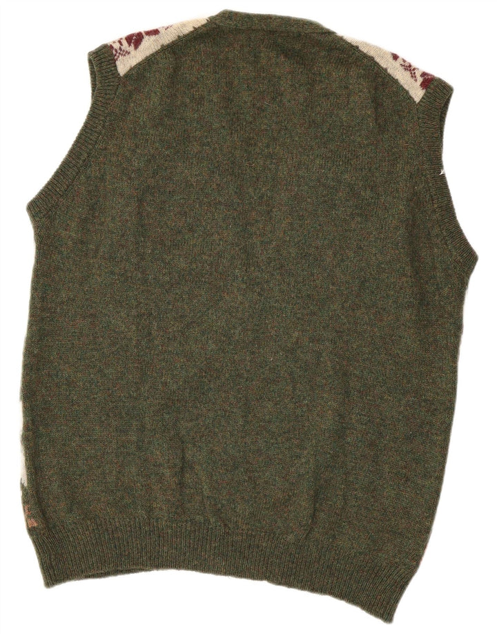 GREEN LEAVES Mens Sleeveless Cardigan Sweater XL Green Fair Isle Wool