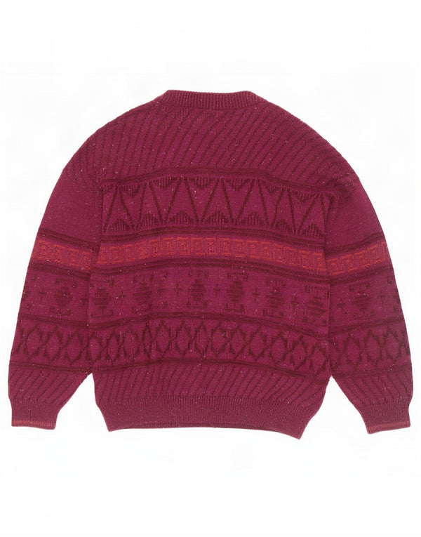 Vintage Mens Cardigan Sweater UK 46 XL Burgundy Geometric Wool