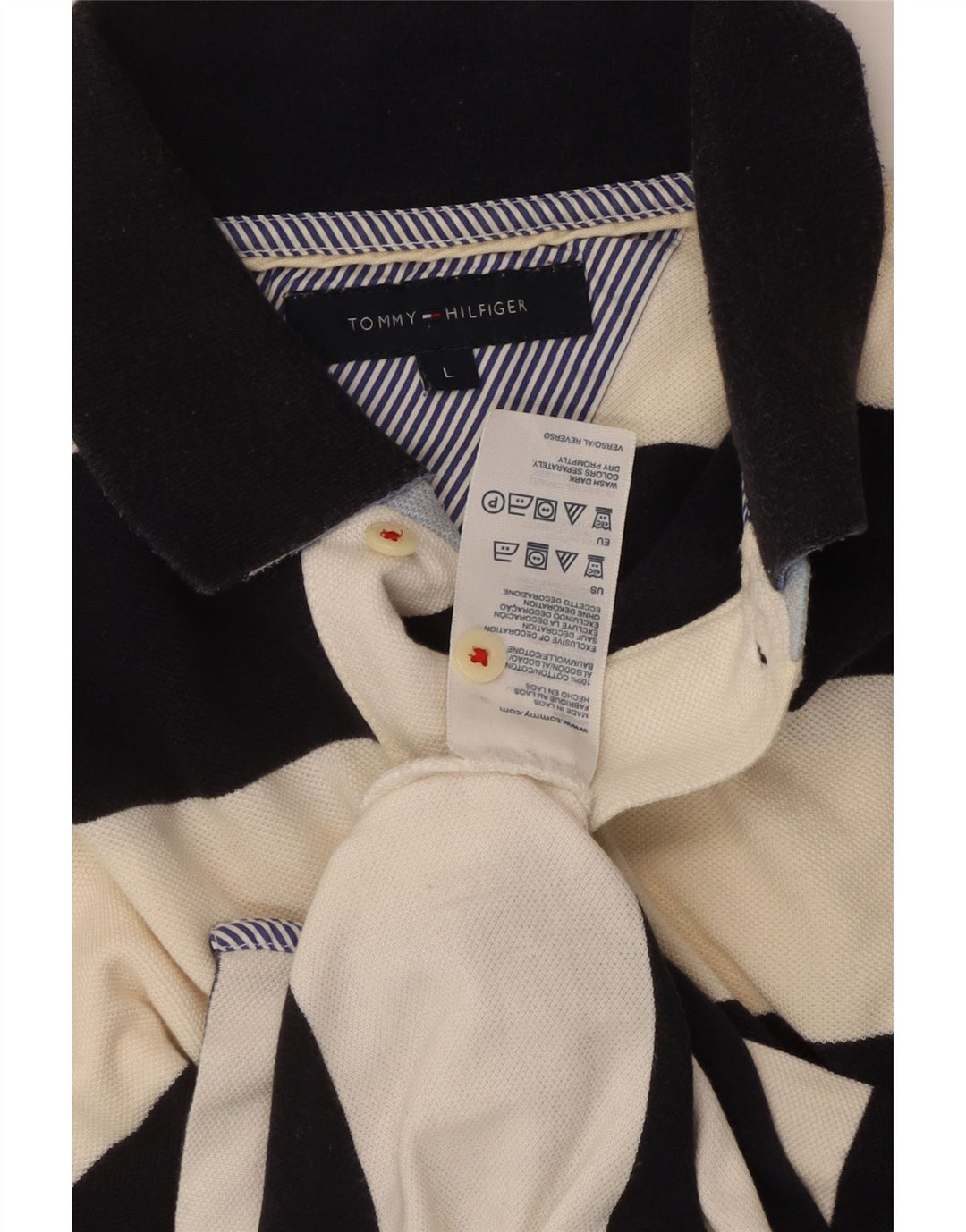 TOMMY HILFIGER Mens Rugby Polo Shirt Large Black Striped Cotton